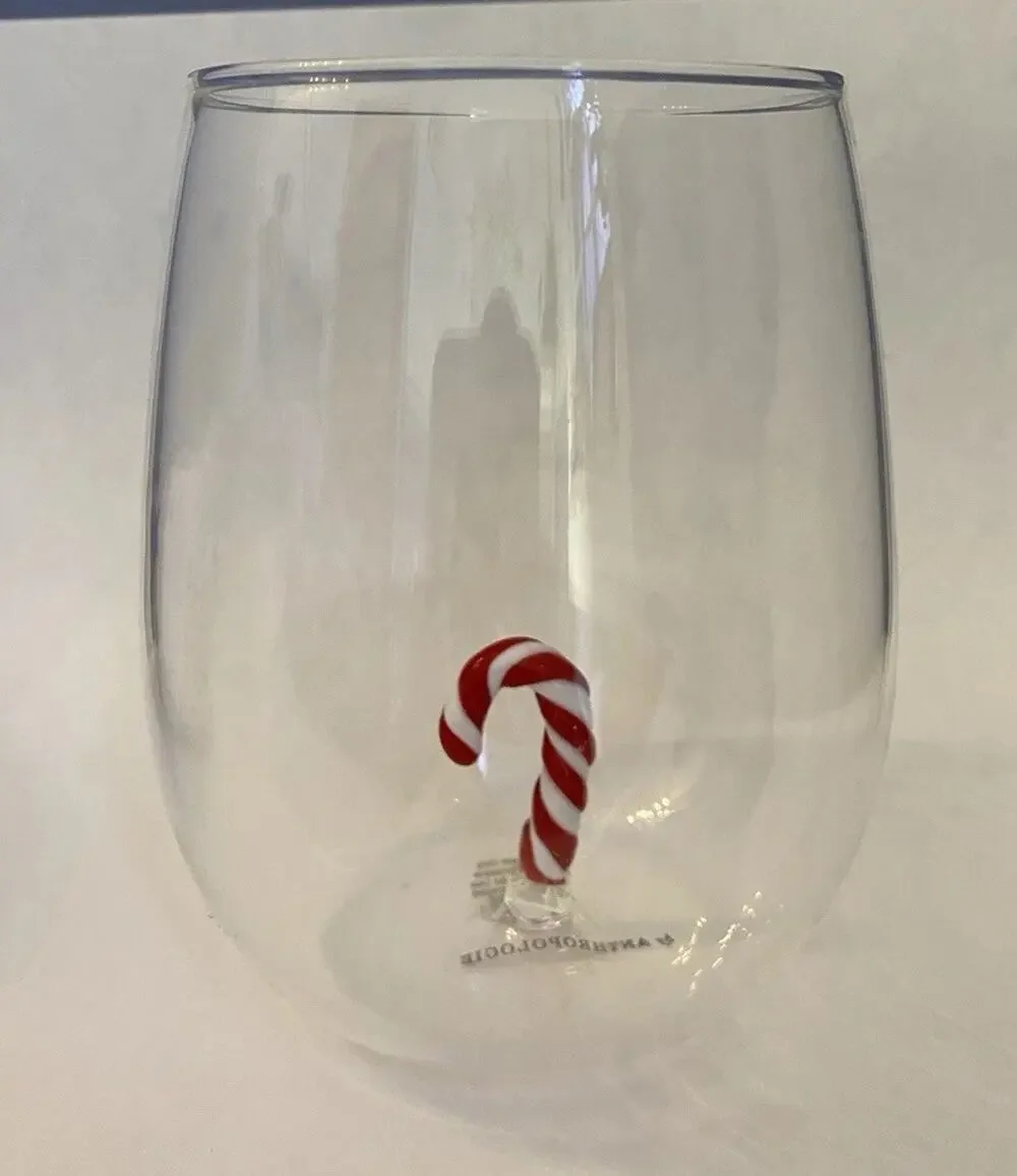 NEW Anthropologie Jolly Icon Stemless Wine Glass Christmas Candy Cane Holidays